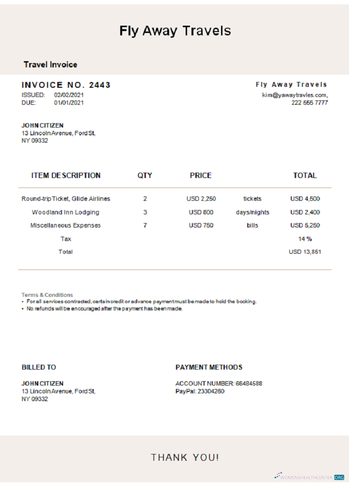 Download USA Fly Away Travels invoice Photoshop template